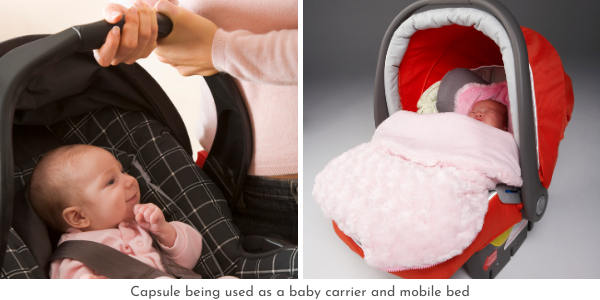 Capsule being used as a baby carrier and mobile bed